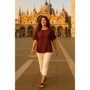 Ann Taylor Small Burgundy Smocked Shoulder Blouse Flutter Sleeve Top Fall